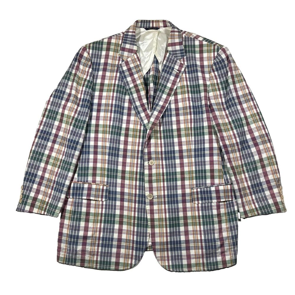 Brooks Brothers Madras Plaid Sport Coat Blazer 48L 100% Cotton Multicolor